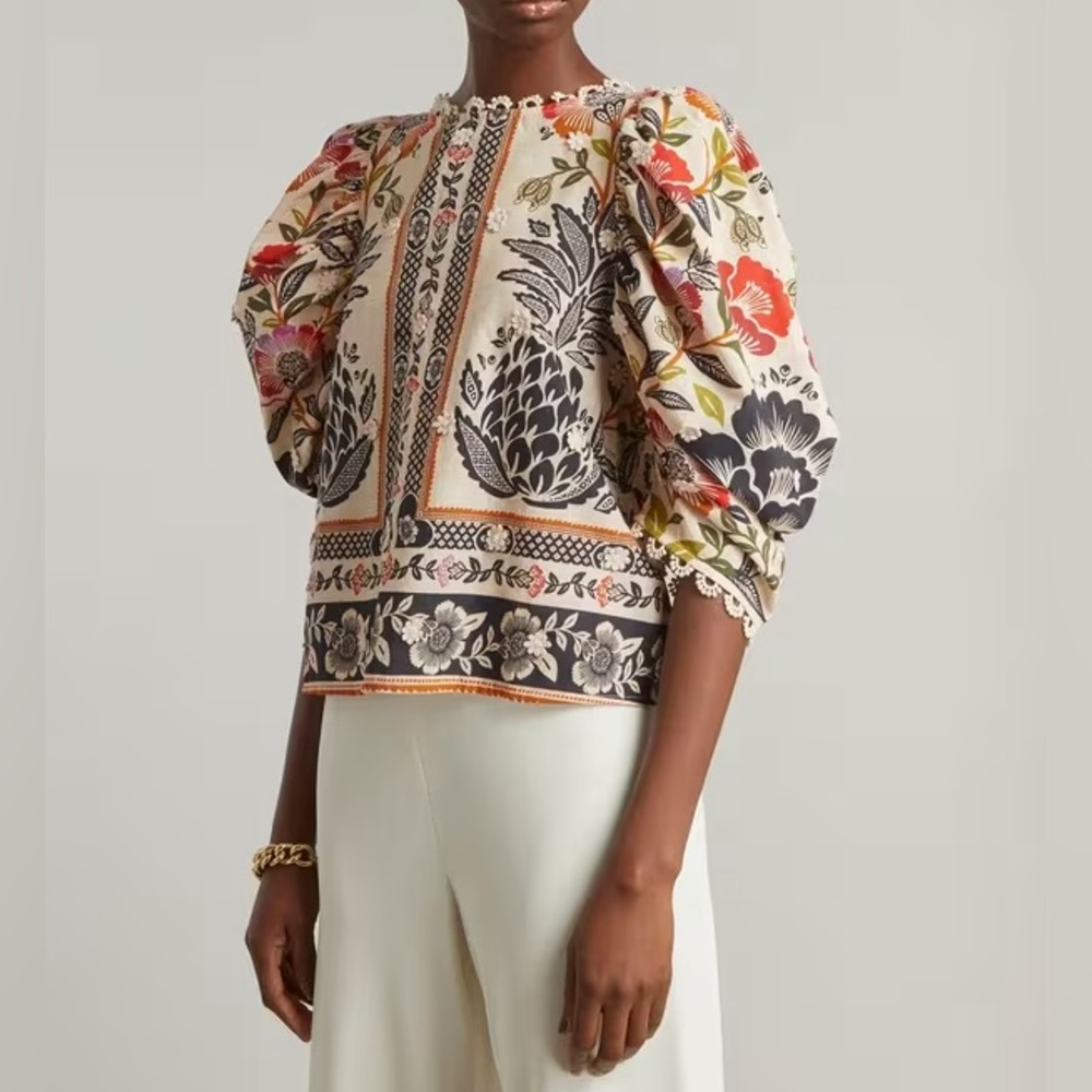 FARM Rio Cream romantic garden blouse with Red, Orange, Green & Black Floral Pri - Picture 2 of 14